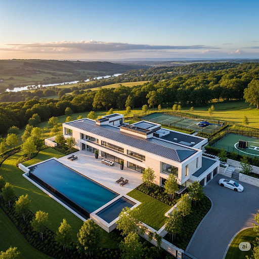 Vista aérea de casa de luxo moderna com piscina, exemplo do trabalho imobiliário da Lead House