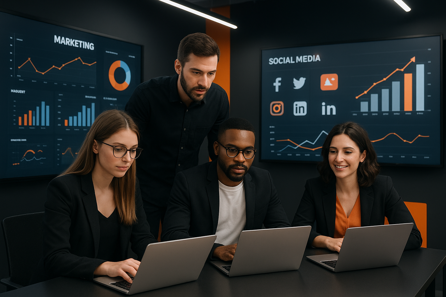 Equipe da Lead House trabalhando com dashboards de marketing digital e análise de redes sociais